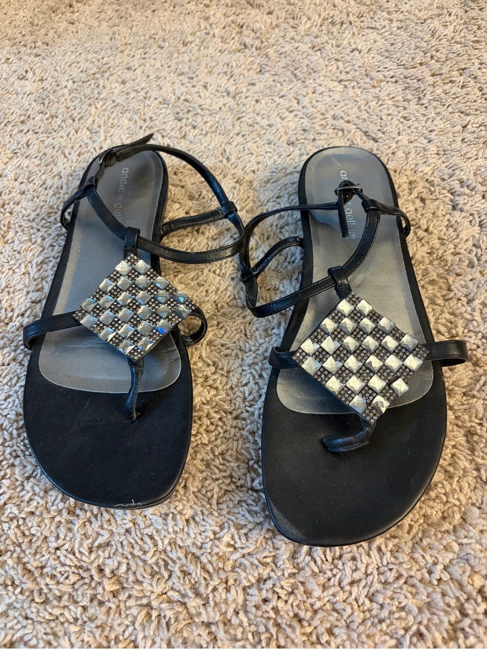 Andrew Geller Black Strappy Sandals with Jeweled Checkerboard Medallion